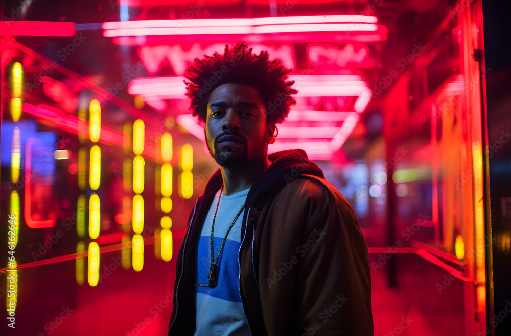 African-American Man Stands on Street Against Neon Lights African-American Man Stands on Street Against Neon Lights