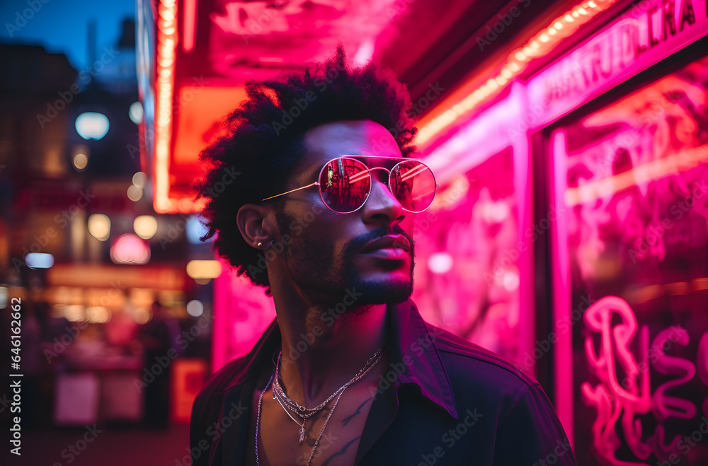 African-American Man Stands on Street Against Neon Lights African-American Man Stands on Street Against Neon Lights