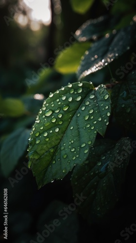 Captivating Close-Up Shot of Water Droplets Glistening on Green Leaves against a Dark Background, Illustrating Nature's Contrast and Elegance © Irfanan