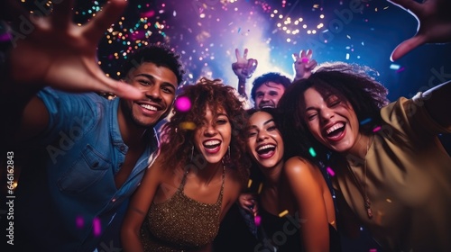 diverse group of friends partying in a club. celebrating party. christmas. new year's eve