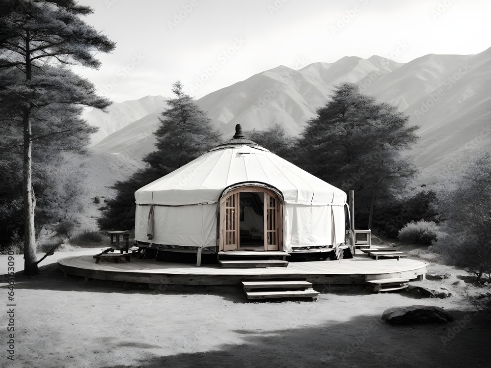 black and white image of a tent on the mountain