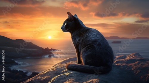 Enigmatic Image of a Black Cat Perched Serenely on a Weathered Stone, Emanating Mystery and Elegance