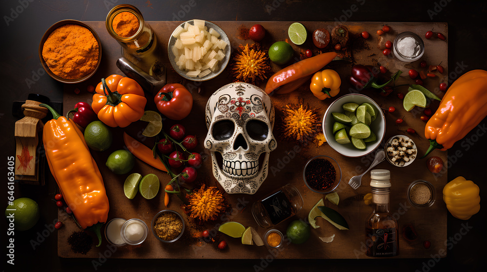 Mexican Halloween skulls with food. Halloween gastronomy. Gastronomy of the day of the dead.