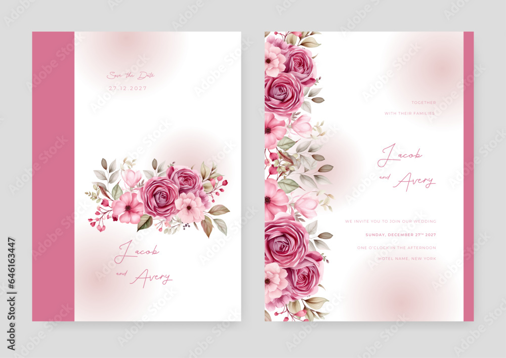 Pink and white modern wedding invitation template with floral and flower