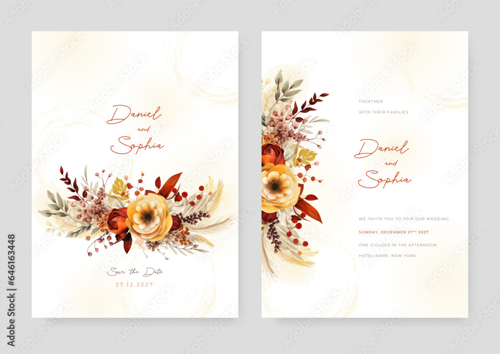 Colorful poppy modern wedding invitation template with floral and flower