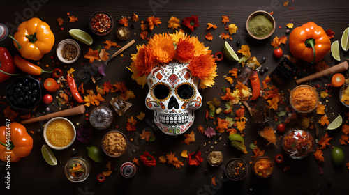 Fototapeta Naklejka Na Ścianę i Meble -  Mexican Halloween skulls with food. Halloween gastronomy. Gastronomy of the day of the dead.