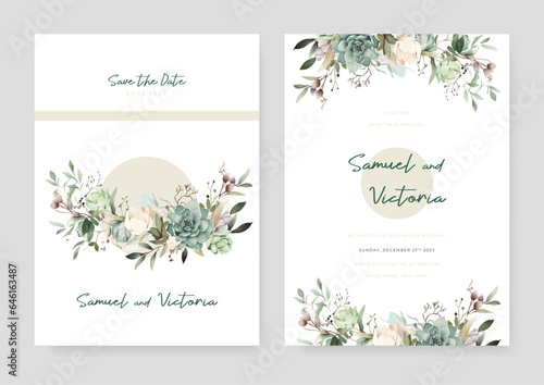 White rose modern wedding invitation template with floral and flower