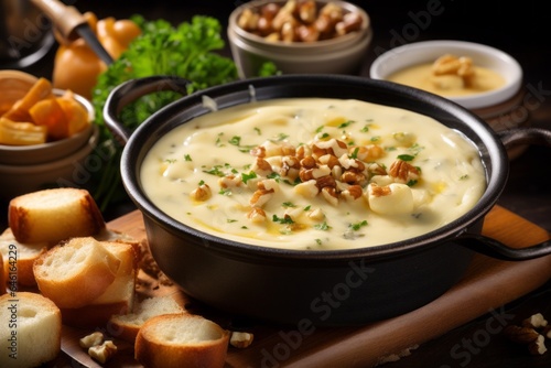 Creamy cheese fondue. Background with selective focus