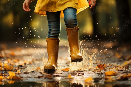 Happy children jumping through puddles in autumn. Background with selective focus