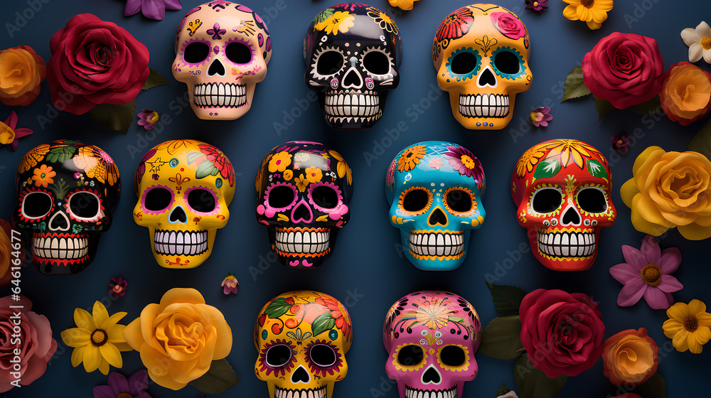 Backgrounds of original, colorful Mexican skulls with flowers. Backgrounds of Mexican skulls decorated for Halloween and the Day of the Dead.