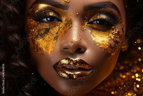 Model with gold glitter on her face. Creative portrait with selective focus and copy space