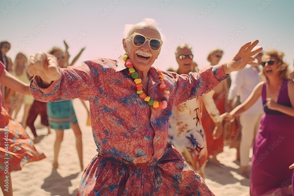 A Old grey hair hippie grandpa with long white beard dancing on a summer beach party in a colorful dress, wearing Sunglasses and colorful Hawaii shit dancing with people, generative ai  