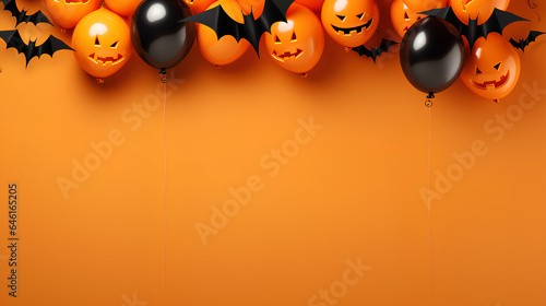 Halloween party backdrops with balloons, bats, pumpkins, skulls and bats.