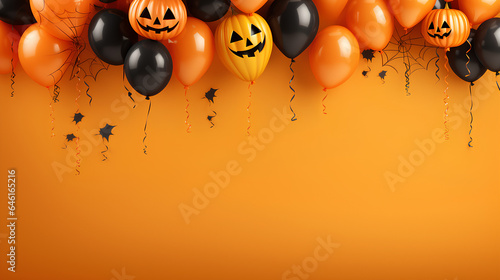 Halloween party backdrops with balloons, bats, pumpkins, skulls and bats.