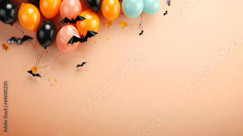 Halloween party backdrops with balloons, bats, pumpkins, skulls and bats.