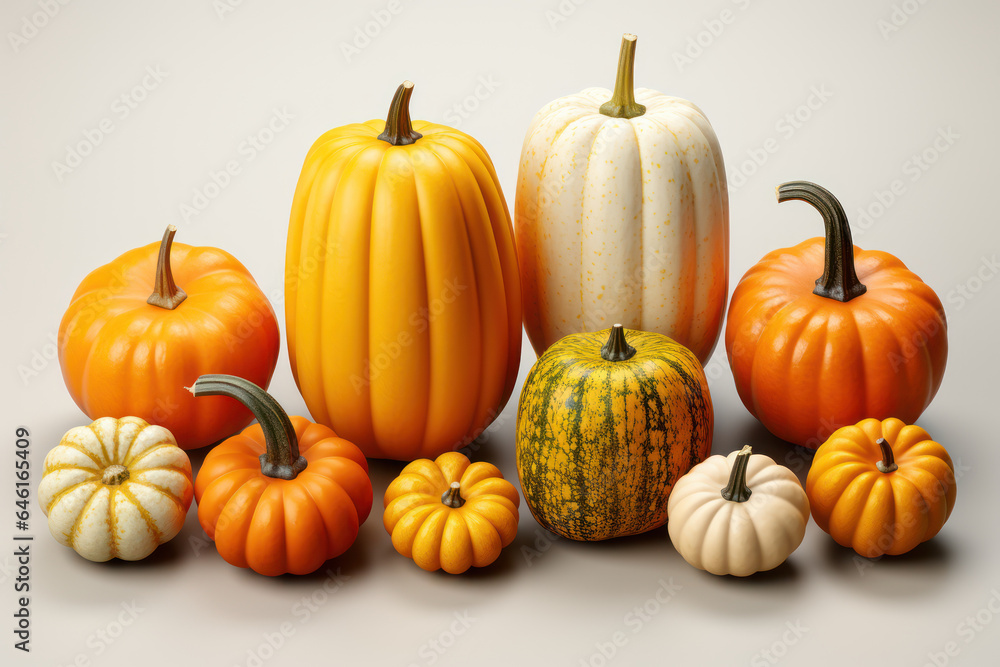 Different types of pumpkins arranged side by side. Generative Ai.