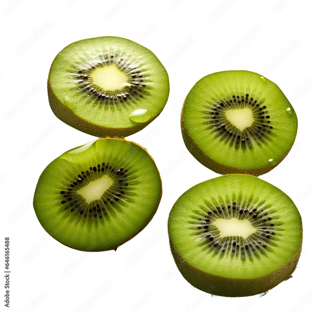 Closeup of 4 wet kiwi pieces transparent background Closeup of 4 wet kiwi pieces transparent background