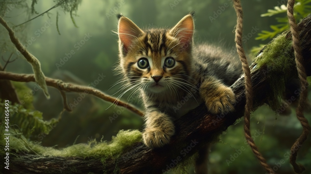 Mischievous Kitten Dangling Playfully from a Branch with Curiosity and Playfulness