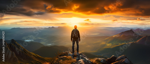 A lonely hiker enjoy the beautiful sunset panorama on top of a mountain, sunset mountain view, generative ai 