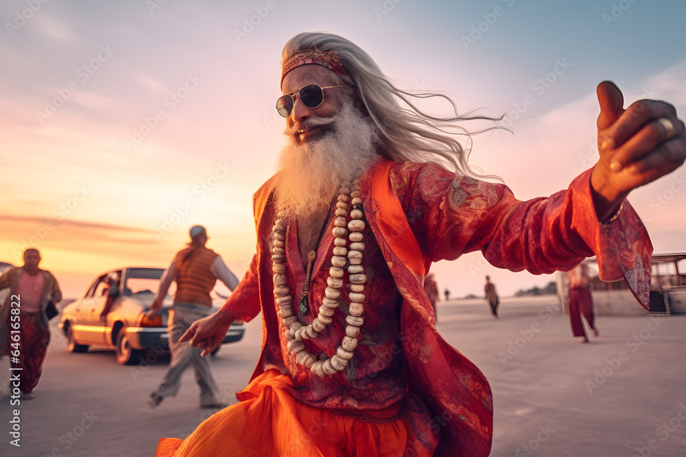 A Old grey hair hippie grandpa with long white beard dancing on a summer beach party in a colorful dress, wearing Sunglasses and colorful Hawaii shit dancing with people, generative ai  