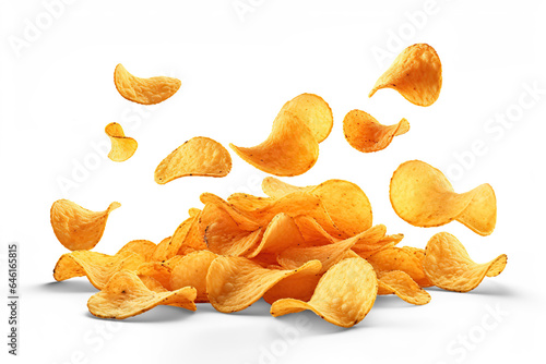 Potato chips falling to the ground. Manual cut out on transparent photo