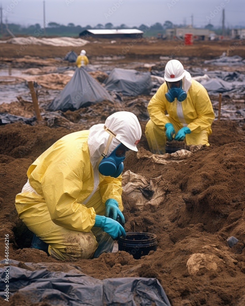 People wearing protective gear collecting soil samples from chemical waste site, suspected to be causing increased cancer incidents in nearby residents.