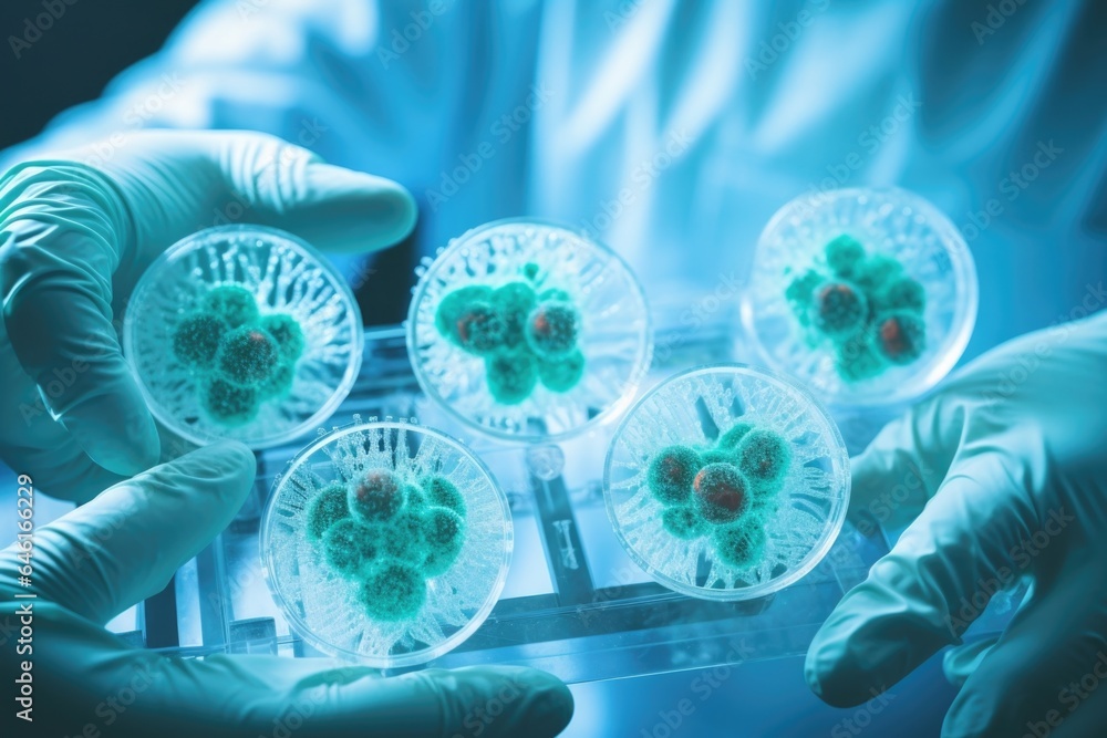 closeup of hands donned in latex gloves, delicately handling glass slide smeared with cancer