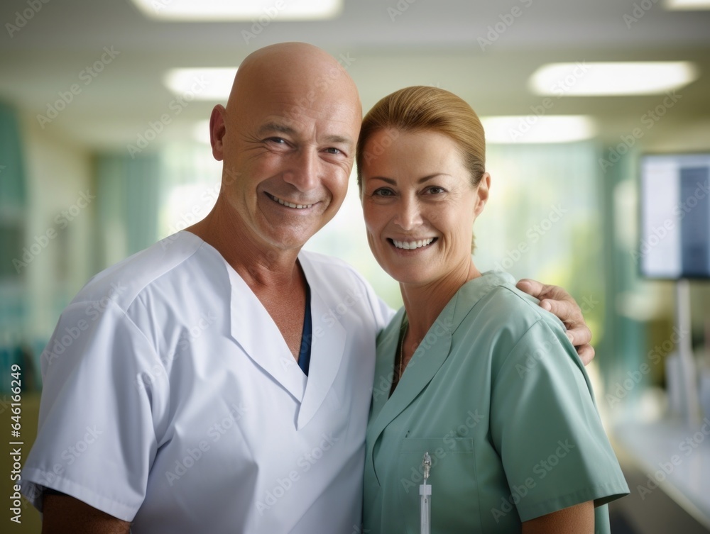 smiling nurse in clean and crisp uniform gently fits chemotherapy port on an aging, but brave man. The mans face is mixture of determination and strength. smiling nurse in clean and crisp uniform gently fits chemotherapy port on an aging, but brave man. The mans face is mixture of determination and strength.