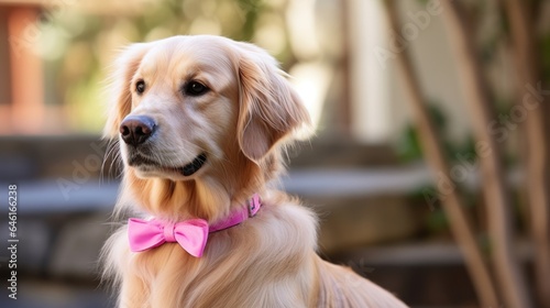 shot focuses on flimsy pink ribbon tied onto the collar of golden retriever, representing the animals key role in helping its owner remain positive in her fight against cancer. It inspires photo