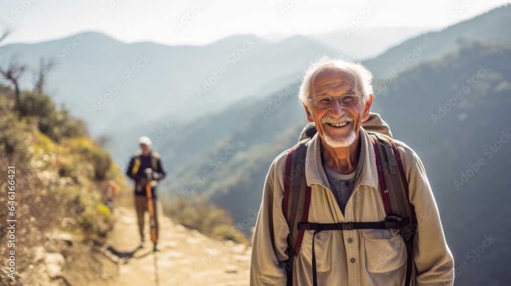 older gentleman, dressed in sweats and looking decidedly content, accomplishes successful trek up mountain trail after months of battling lung cancer.