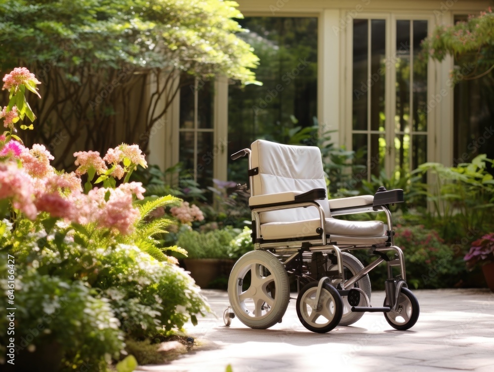 The image of an unoccupied wheelchair parked in front of large window, overlooking beautiful garden in bloom. The empty wheelchair symbolizing the inevitable stage of life where one departs,