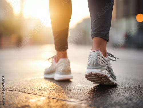 closeup shot captures the sneaker of middleaged woman striking the pavement. She is colon cancer survivor and finds solace and strength in daily morning runs.