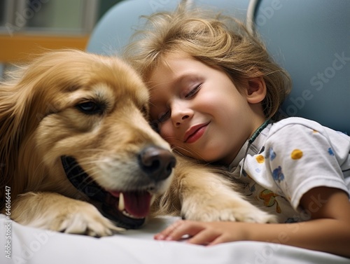 trained therapy dog is lying next to young patient, the childs hand resting lightly on the dogs side. Animals in hospitals are powerful tool in helping patients manage stress, anxiety, photo