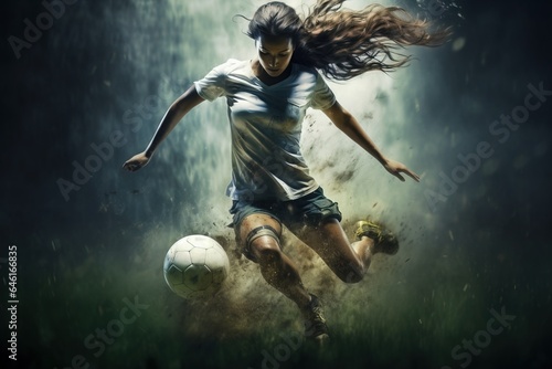 Woman soccer player. Beautiful girl with a soccer ball during the game. photo