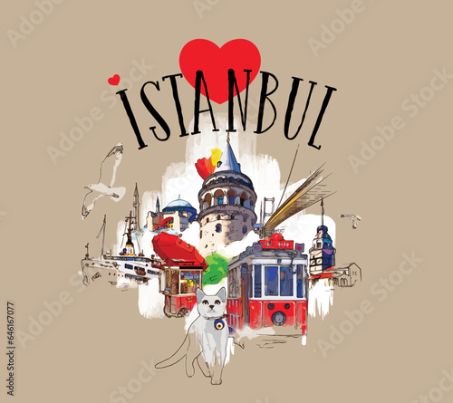 I love Istanbul concept hand-drawn colored vector illustration.