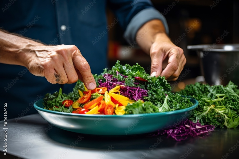 Chef's hands put kale making gourmet dish Chef's hands put kale making gourmet dish