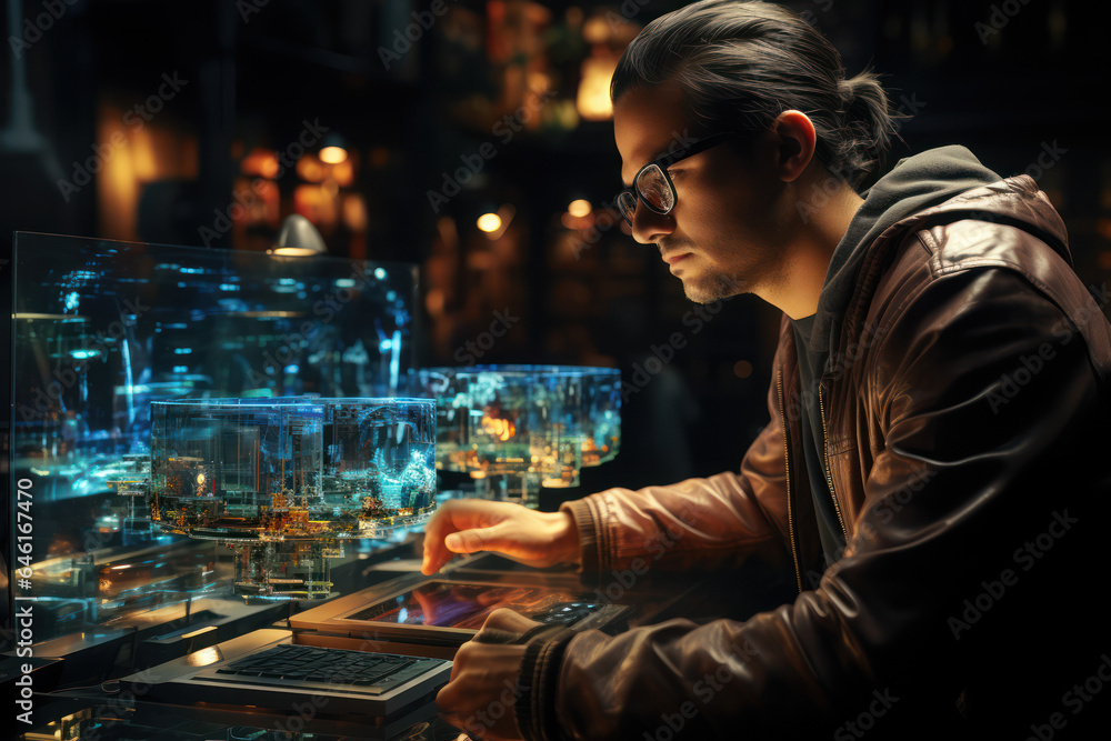 Virtual Innovation. Programmer working on code in a virtual reality environment, reflecting the fusion of technology and creative thinking. Generative Ai. Virtual Innovation. Programmer working on code in a virtual reality environment, reflecting the fusion of technology and creative thinking. Generative Ai.