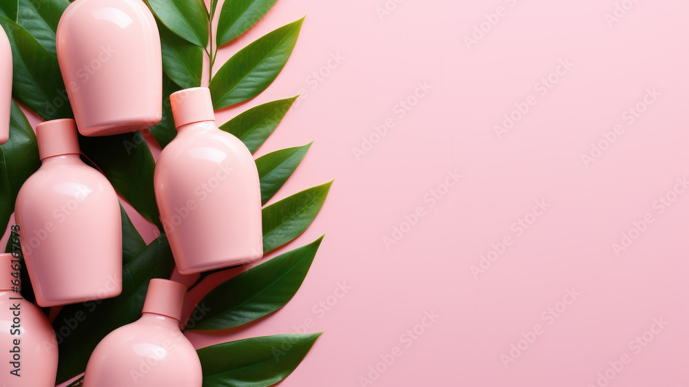 Cosmetic products and vibrant green leaves artfully arranged in a flat lay composition Cosmetic products and vibrant green leaves artfully arranged in a flat lay composition