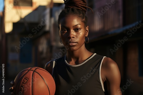 Athletic woman standing with a basketball ball © Diatomic
