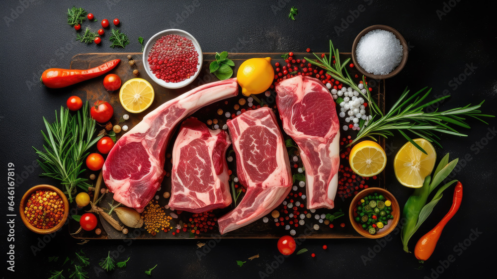 Raw pork chops and cooking components presented on a black backdrop, as viewed from above.