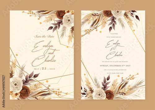 Beige and brown peomy modern wedding invitation rustic boho watercolor template with floral and flower