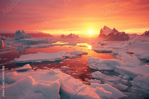 Aerial view of glacier under the reddish light of the sun at dawn. Nature's serene and grand beauty snow in the spotlight. Pristine glacier in the ocean.
