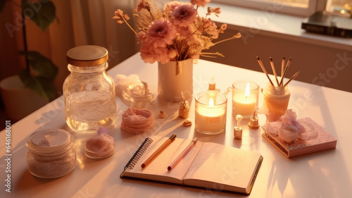 still life featuring dried flowers, candles, and a notebook on the table in a home interior.