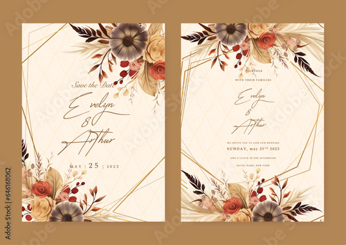 Colorful peony modern wedding invitation rustic boho watercolor template with floral and flower