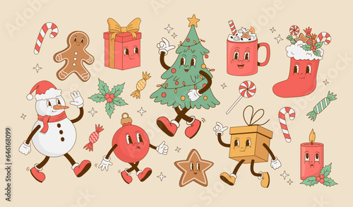 Collection of Christmas and New year characters in retro style. Christmas tree, gift box, latte, candy, gingerbread, snowman, ball cartoon mascot vector illustration. Nostalgia 70s, 80s, 60s