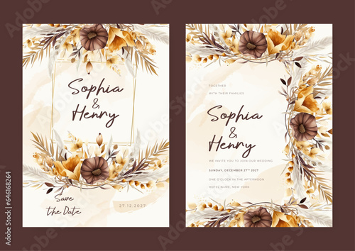 Brown peony modern wedding invitation rustic boho watercolor template with floral and flower