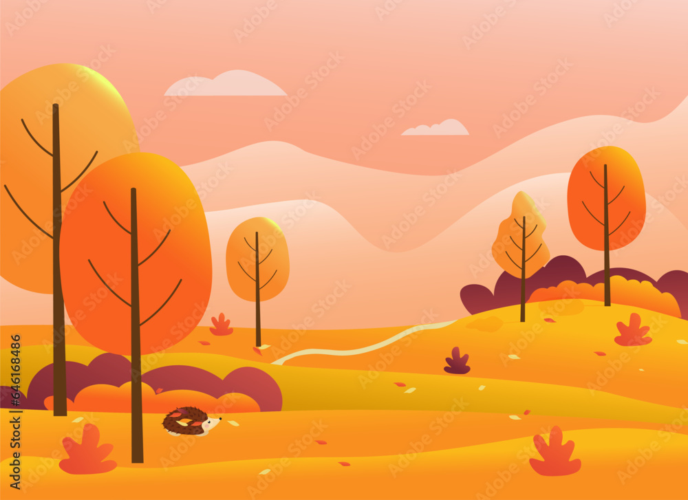 Autumn landscape. Forest and country road. Bright colorful trees, fields and meadows, hedgehog with leaves. Vector drawing in flat style with gradients. Illustrations for banners, backgrounds