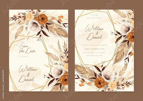 Orange and white peony modern wedding invitation rustic boho watercolor template with floral and flower