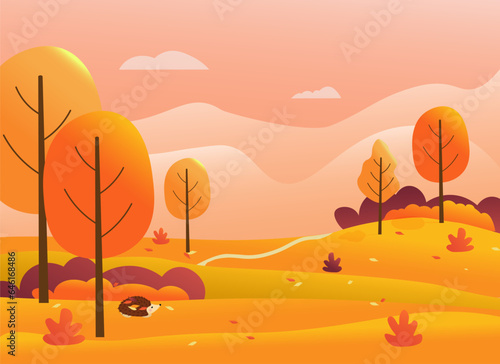 Autumn landscape. Forest and country road. Bright colorful trees  fields and meadows  hedgehog with leaves. Vector drawing in flat style with gradients. Illustrations for banners  backgrounds