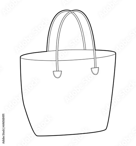 Straw Beach bag tote silhouette Fashion accessory technical illustration. Vector satchel front 3-4 view for Men, women, unisex style, flat handbag CAD mockup sketch outline isolated